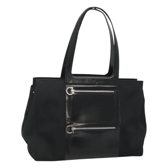 Salvatore Ferragamo Gancini Bag Canvas Leather Black Silver Auth bs24678 - Picture 1 of 16